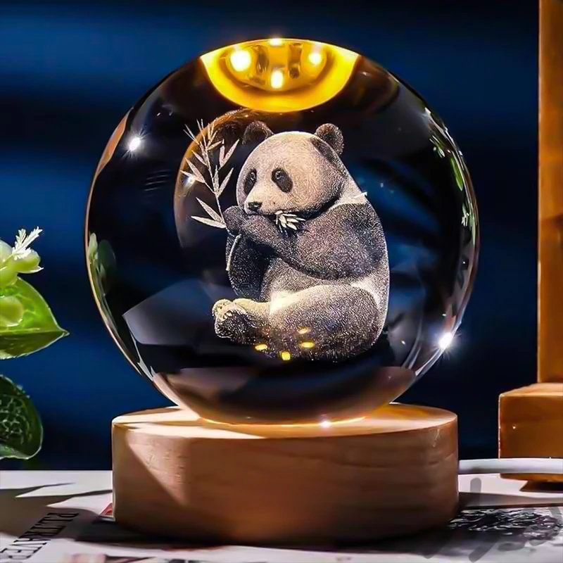 گوی کریستالی بزرگ چراغ خواب 3D پایه چوبی نورانی USB با لامپ LED 6 چراغ